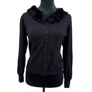 Worthington Fur Collar Cardigan Sweater Womens Button Up Vintage Old Money Black
